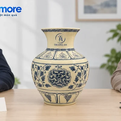 Hai người xem lọ Trường Phúc để trống trên bàn, demo TA TRUONG AN ở cổ
