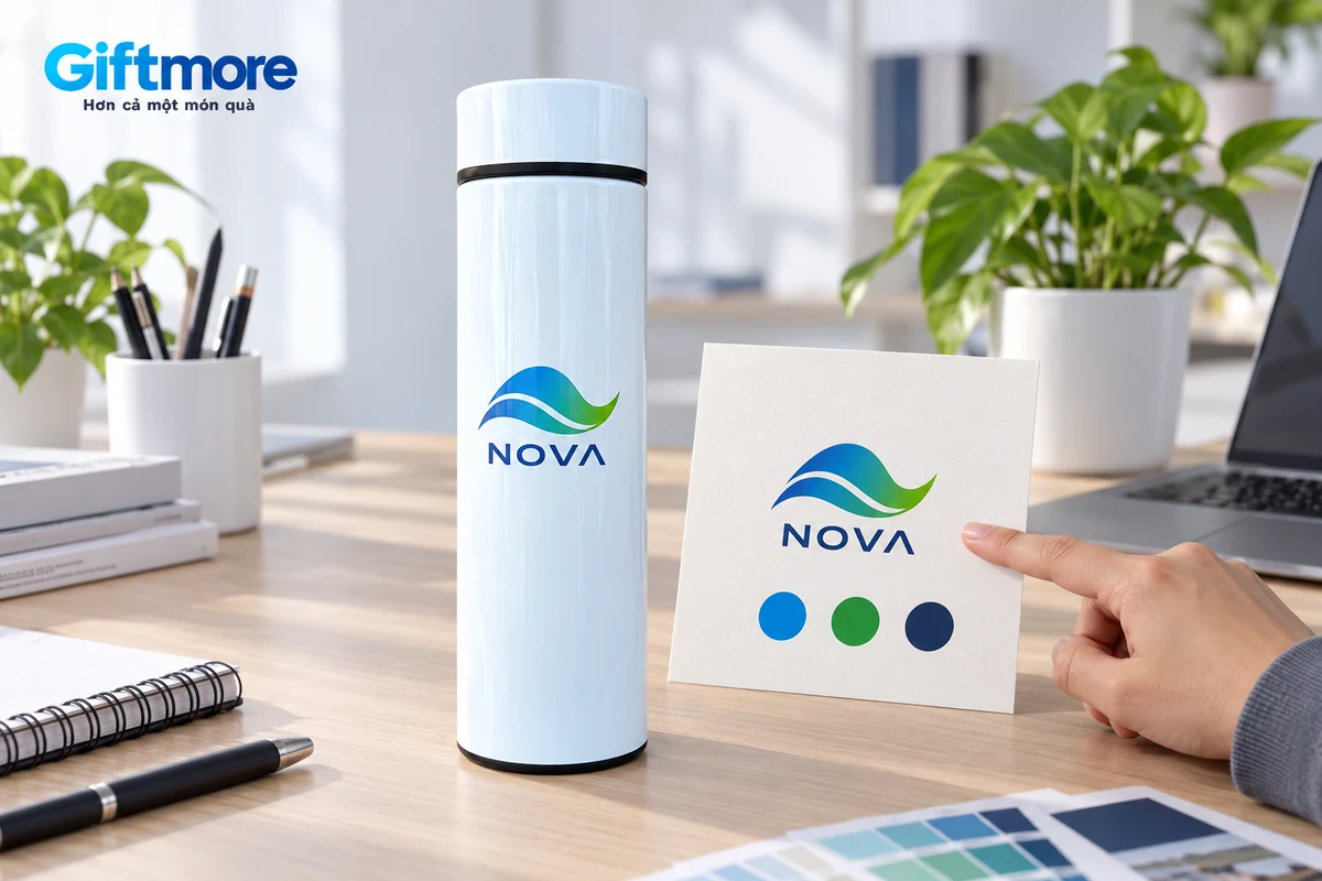 Logo demo NOVA chuyển sắc trên mẫu bình trắng thật cạnh bản bố cục và các ô màu