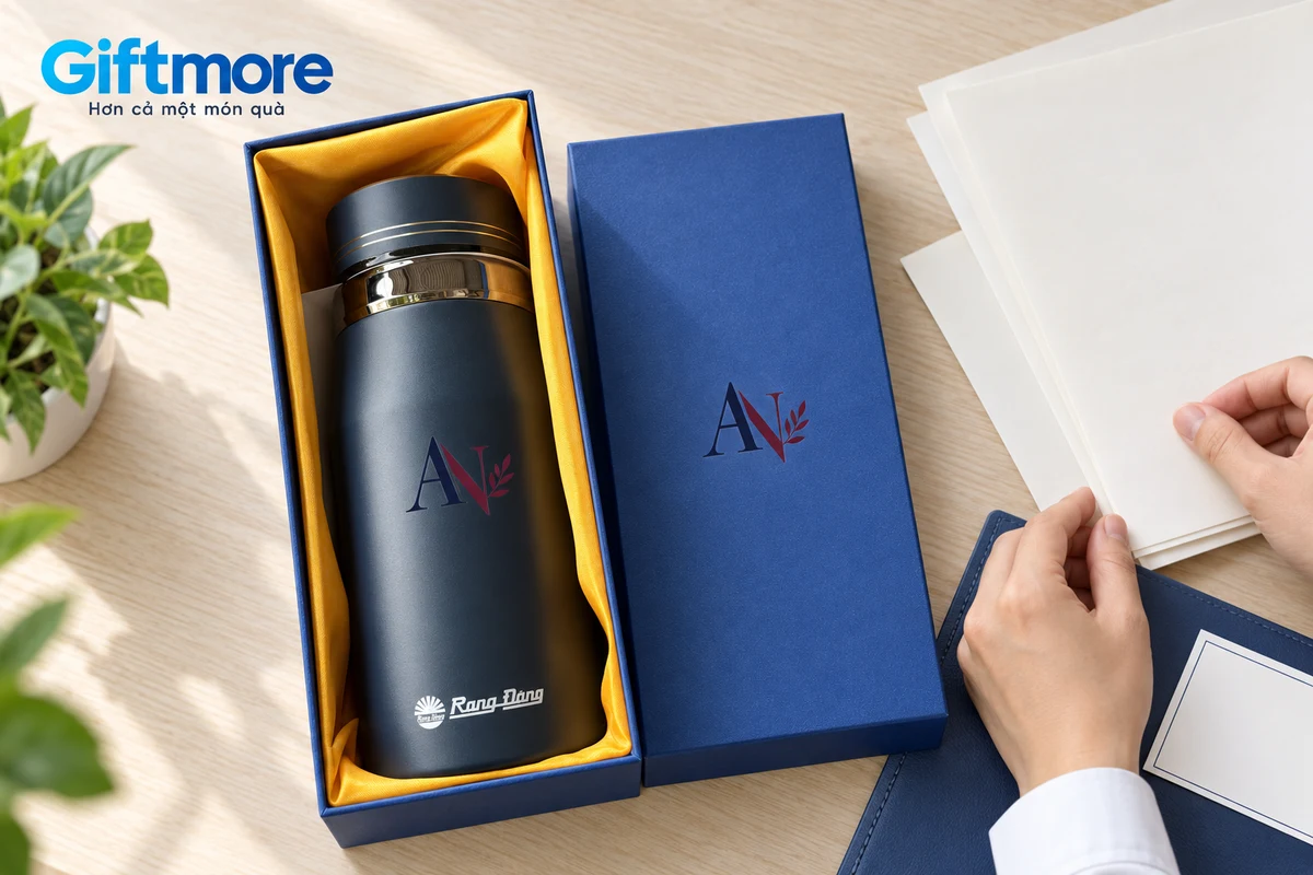 Bình Rạng Đông trong hộp lót vải vàng từ mẫu thật đặt cạnh giấy lưu cấu hình quà