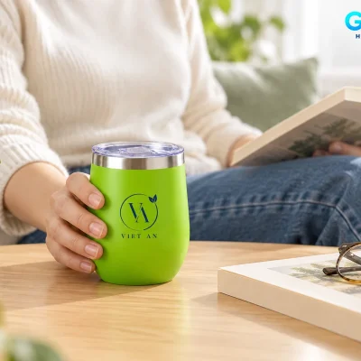 Mô phỏng người cầm ly xanh dáng trứng khi đọc sách bên bàn