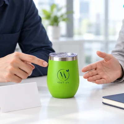 Hai người xem demo nhận diện trên ly xanh dáng trứng tại bàn trao đổi