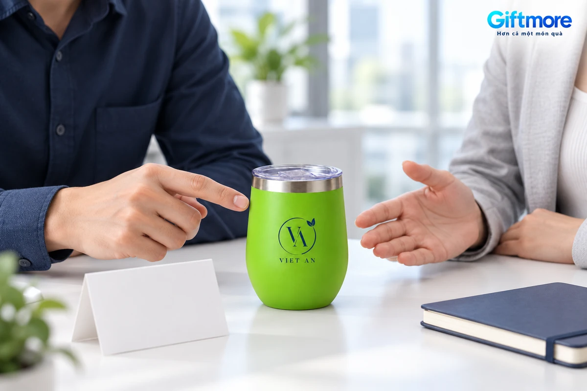Hai người xem demo nhận diện trên ly xanh dáng trứng tại bàn trao đổi