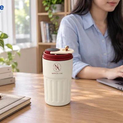 Mô phỏng ly 410 ml nắp đỏ có demo NHIEN AN cạnh người làm việc tại nhà