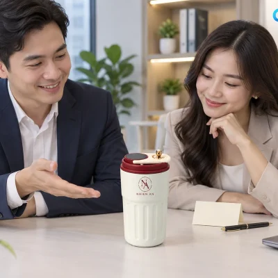 Hai người xem ly thân kem nắp đỏ có demo NA và NHIEN AN trên bàn