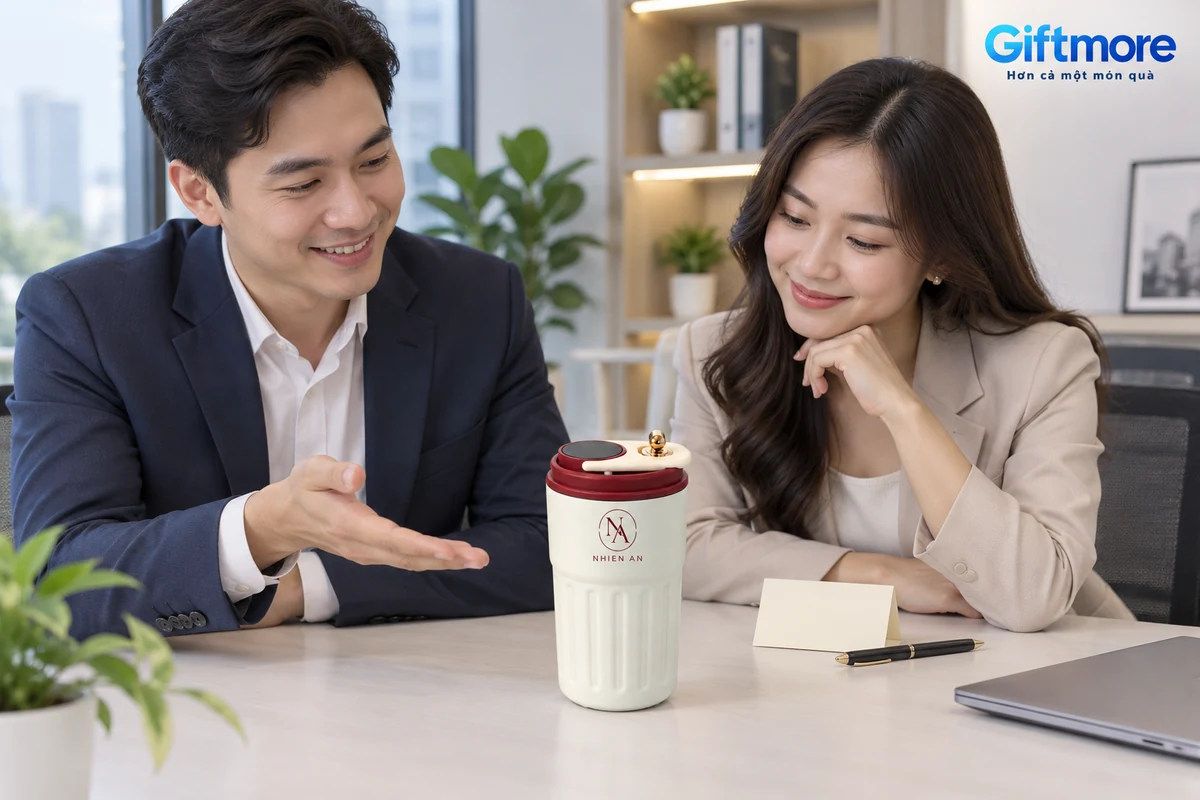 Hai người xem ly thân kem nắp đỏ có demo NA và NHIEN AN trên bàn
