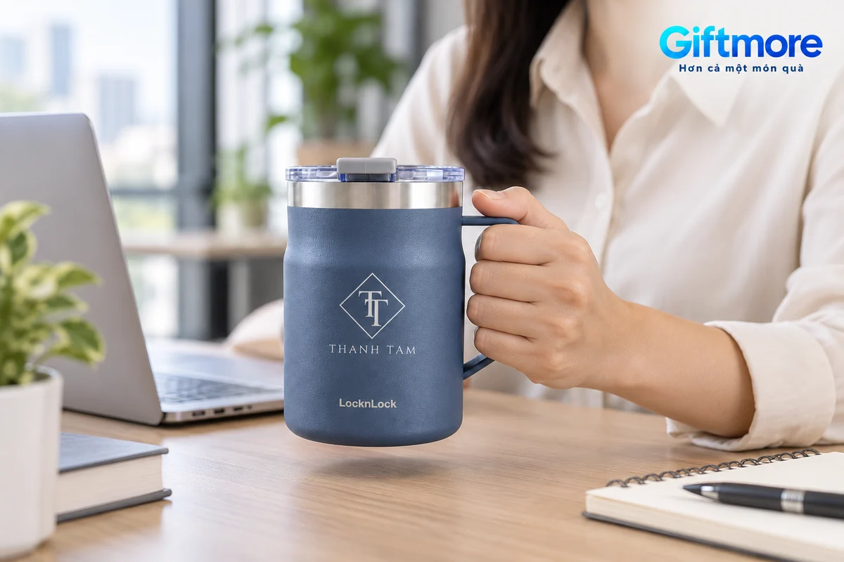 Mô phỏng người cầm quai ly Metro Mug navy tại bàn làm việc cạnh laptop