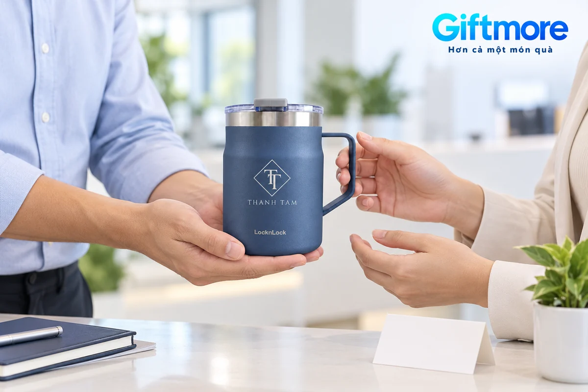Mô phỏng trao ly Metro Mug navy, người tặng đỡ đáy và người nhận cầm quai