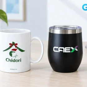 Ly sứ Chidori có quai và ly đen CAEX có nắp trên bàn văn phòng