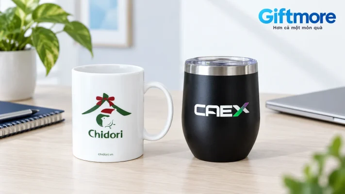 Ly sứ Chidori có quai và ly đen CAEX có nắp trên bàn văn phòng