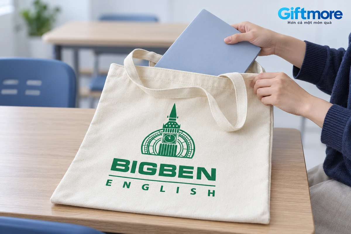 Tay đưa tập giấy bìa xanh tới miệng túi kem BIGBEN ENGLISH trên bàn học