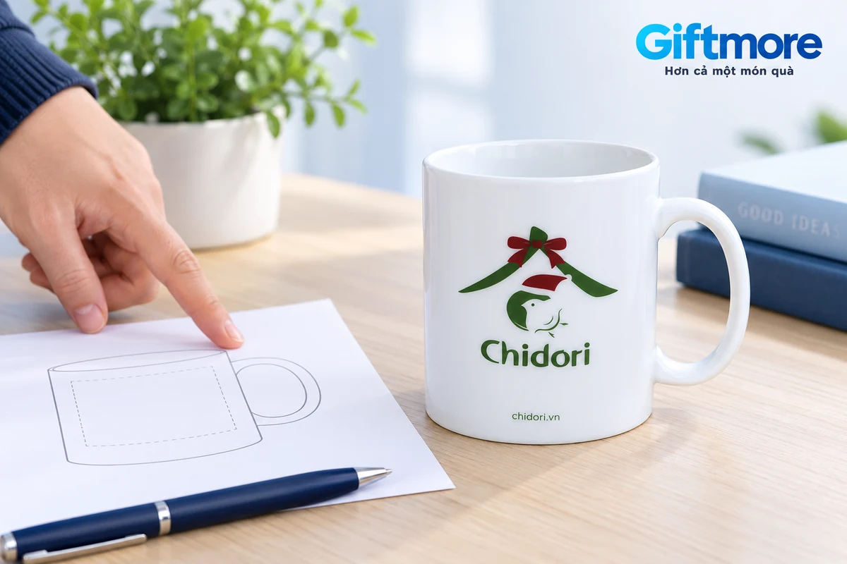 Mặt logo Chidori và quai bên phải trên ly trắng theo mẫu thật, cạnh bản bố trí trống