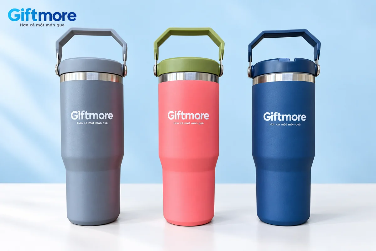 Ba bình xám, hồng và navy có quai gập, được chỉnh nền và thêm logo demo Giftmore