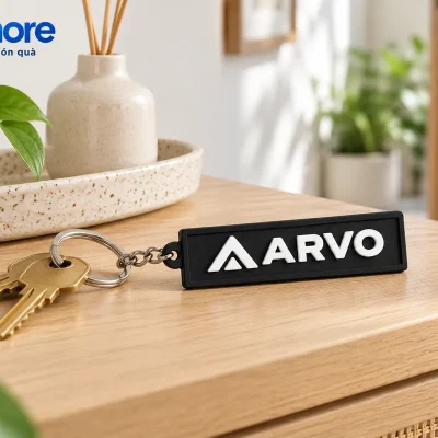 Mô phỏng móc khóa cao su ARVO nối với chìa khóa trên bàn ra vào