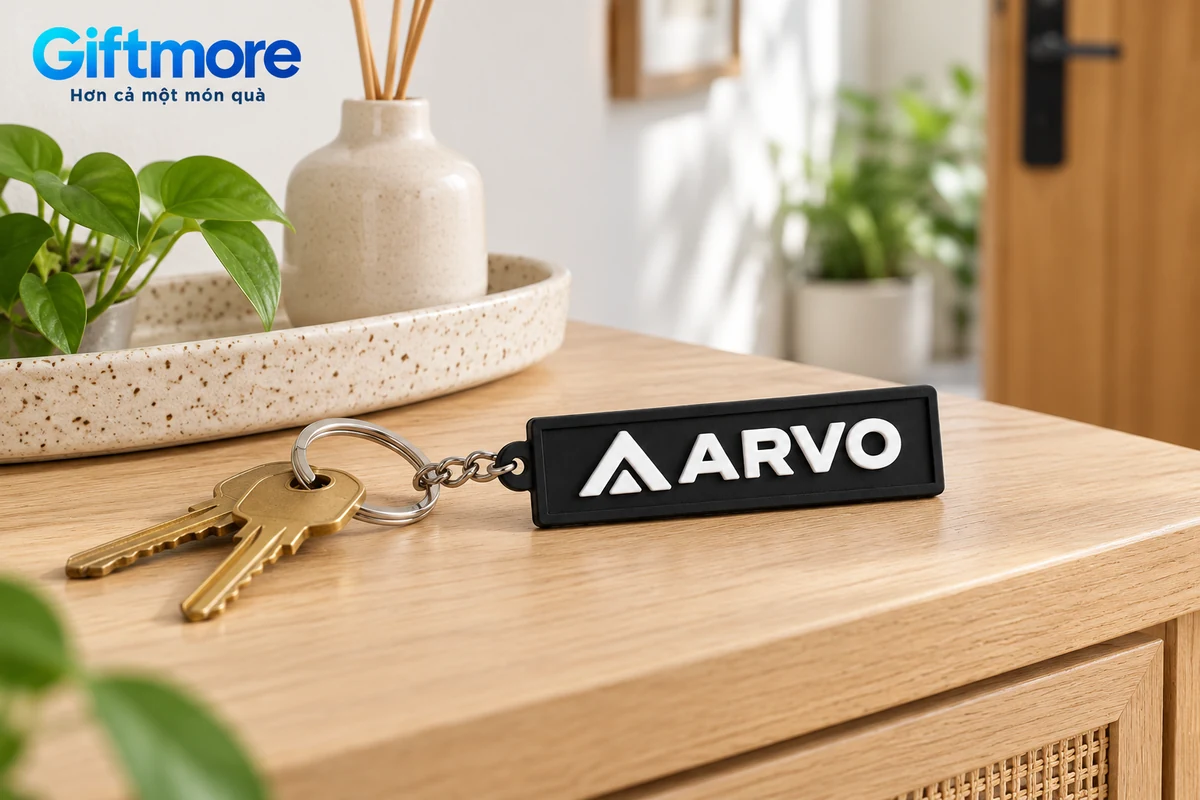 Mô phỏng móc khóa cao su ARVO nối với chìa khóa trên bàn ra vào