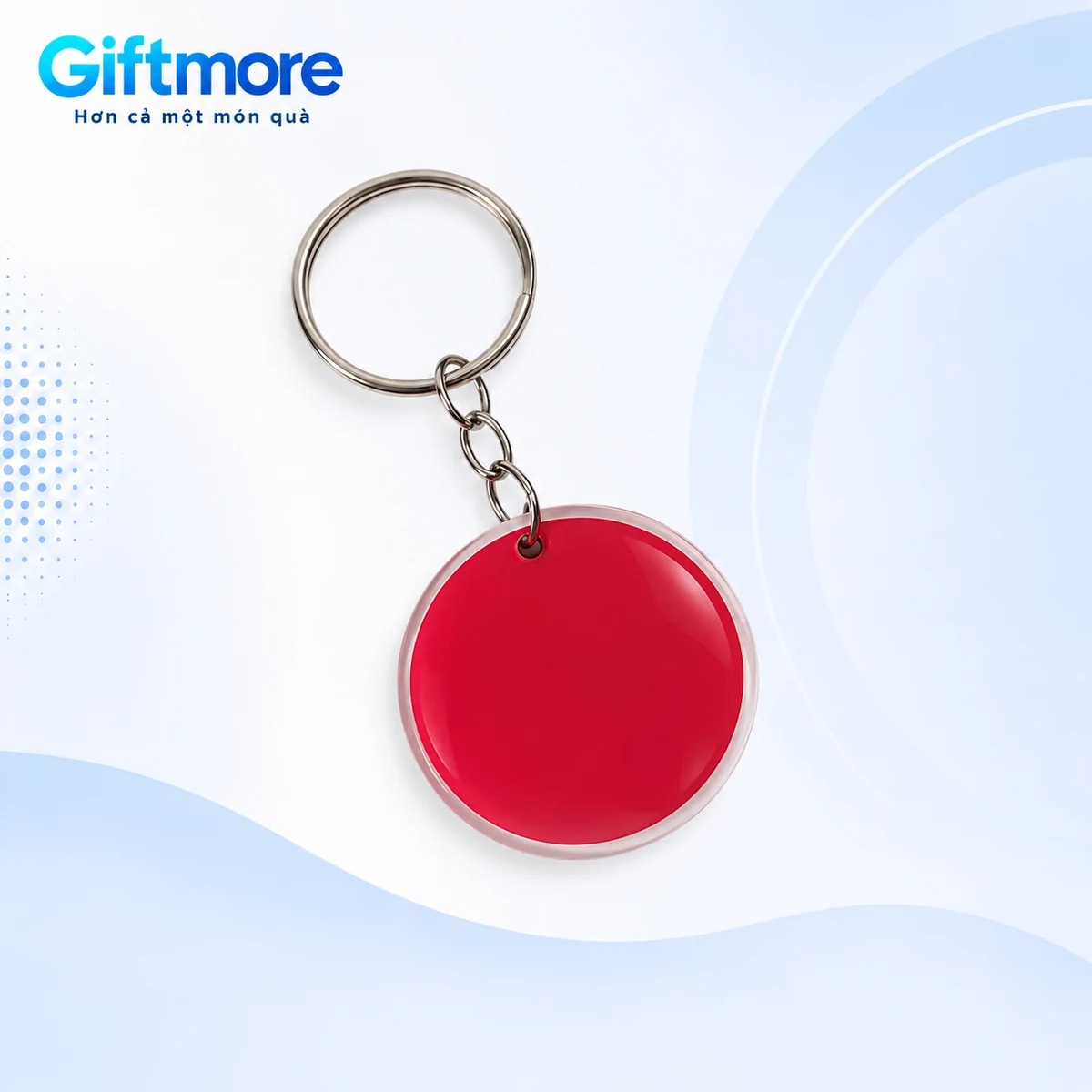 Móc khóa đổ keo dáng tròn mặt đỏ, viền trong, xích ngắn và khoen tròn trên nền GiftMore