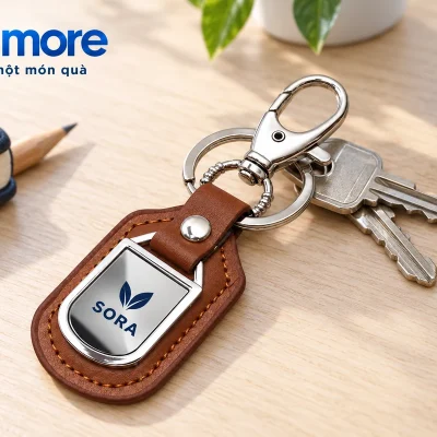 Mô phỏng móc khóa SORA đặt cùng chìa khóa trên bàn làm việc