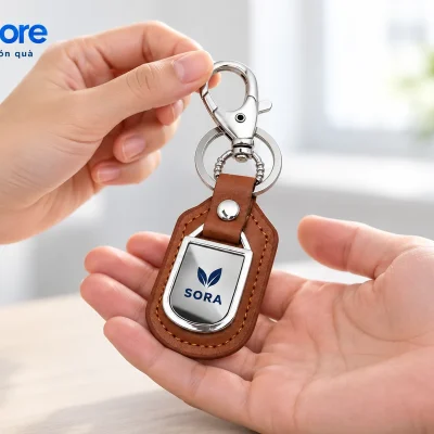 Mô phỏng trao một móc khóa đế nâu SORA, giữ cụm móc phía trên
