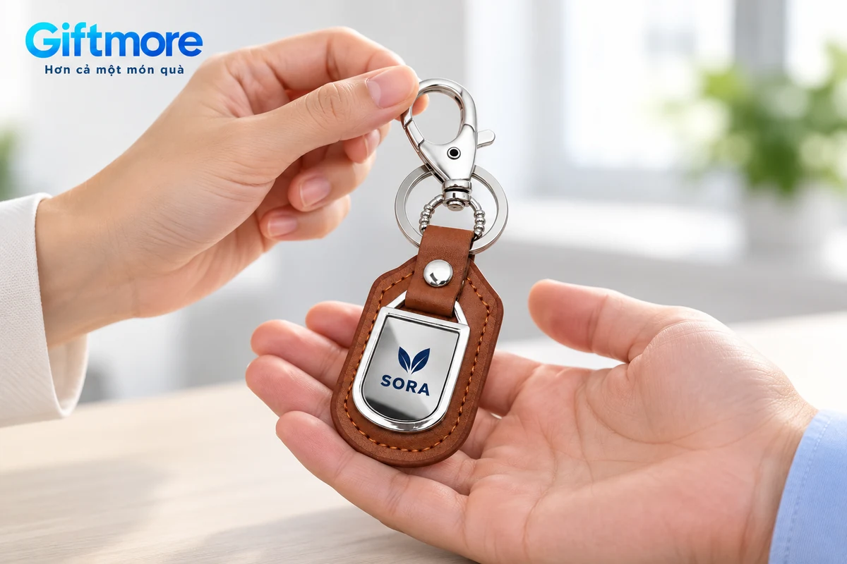 Mô phỏng trao một móc khóa đế nâu SORA, giữ cụm móc phía trên