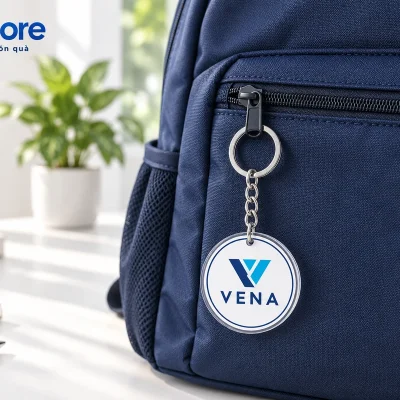 Mô phỏng móc khóa mica VENA gắn vào đầu khóa kéo balo navy