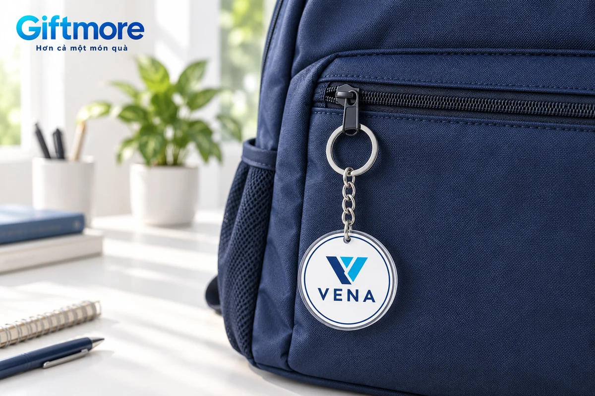 Mô phỏng móc khóa mica VENA gắn vào đầu khóa kéo balo navy