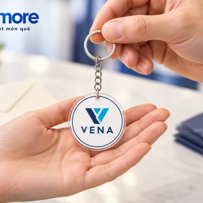 Mô phỏng trao một móc khóa mica VENA, người nhận đỡ phần mặt tròn