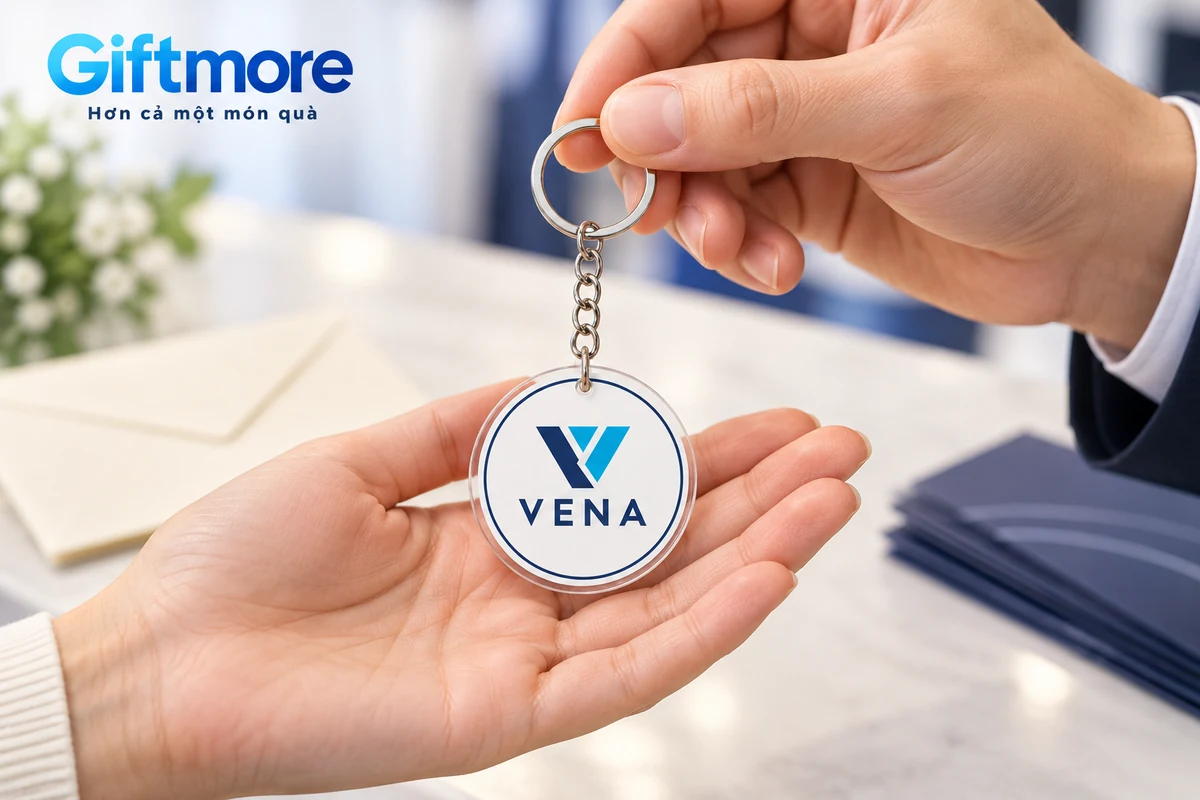 Mô phỏng trao một móc khóa mica VENA, người nhận đỡ phần mặt tròn