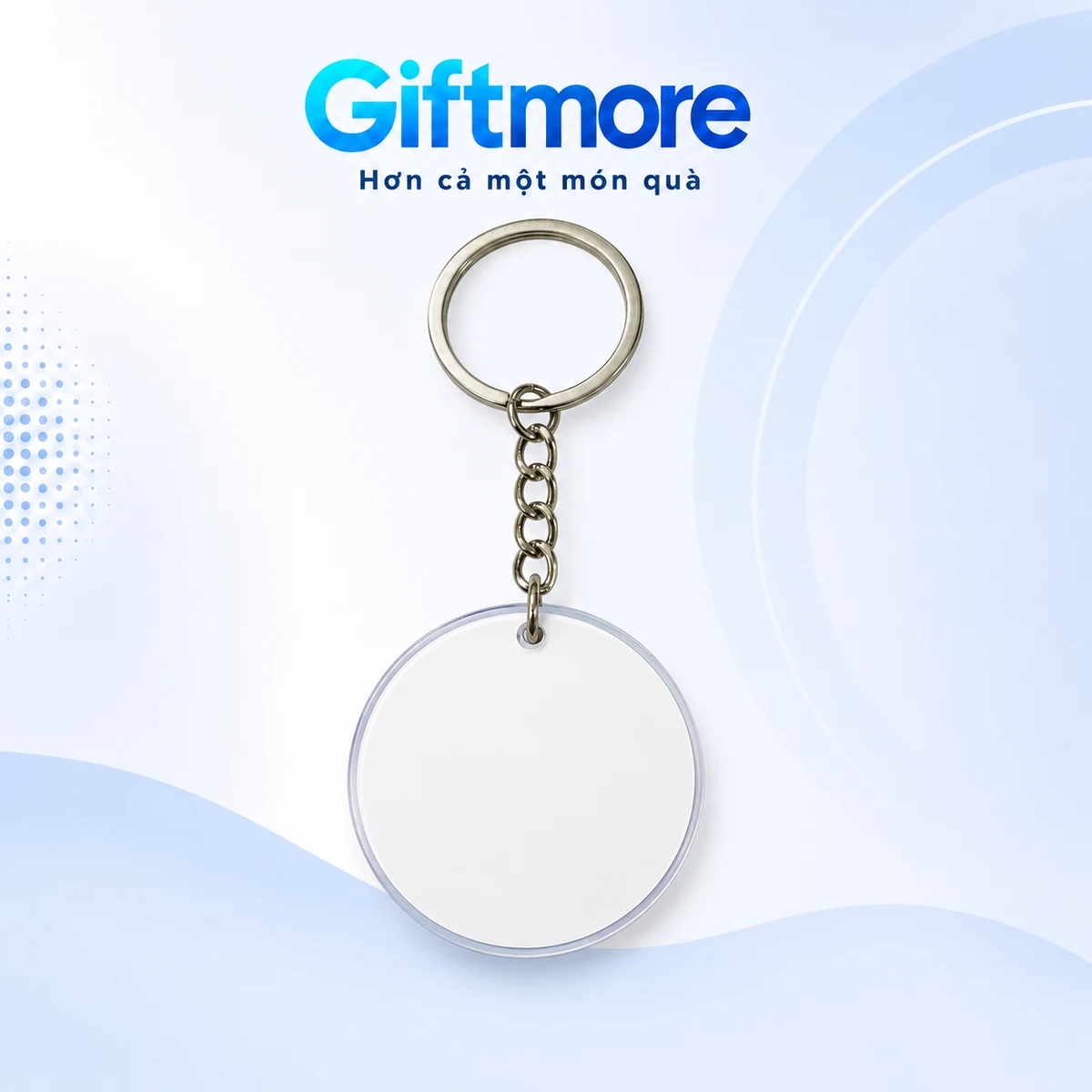 Móc khóa mica dáng tròn mặt trơn, dây xích ngắn và khoen tròn trên nền GiftMore