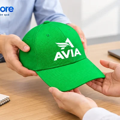 Mô phỏng trao một mũ lưỡi trai xanh AVIA trên bàn chuẩn bị quà