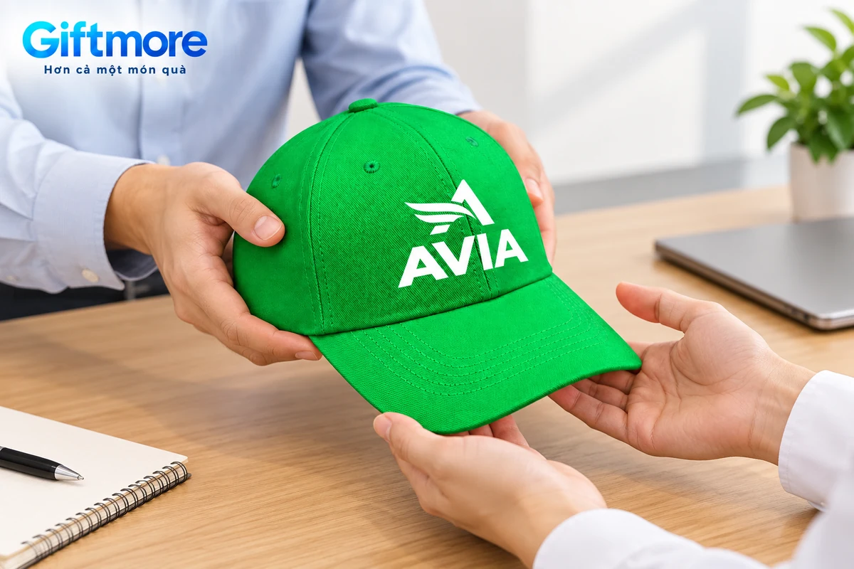 Mô phỏng trao một mũ lưỡi trai xanh AVIA trên bàn chuẩn bị quà