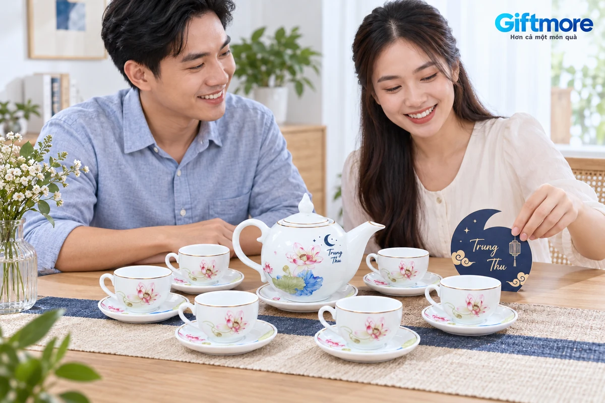 Hai người xem thiệp Trung Thu cạnh bộ trà hoa sen có sáu chén