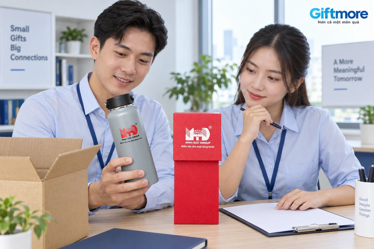 Hai người xem bình xám MINH DUC GROUP và hộp đỏ cạnh phiếu trống
