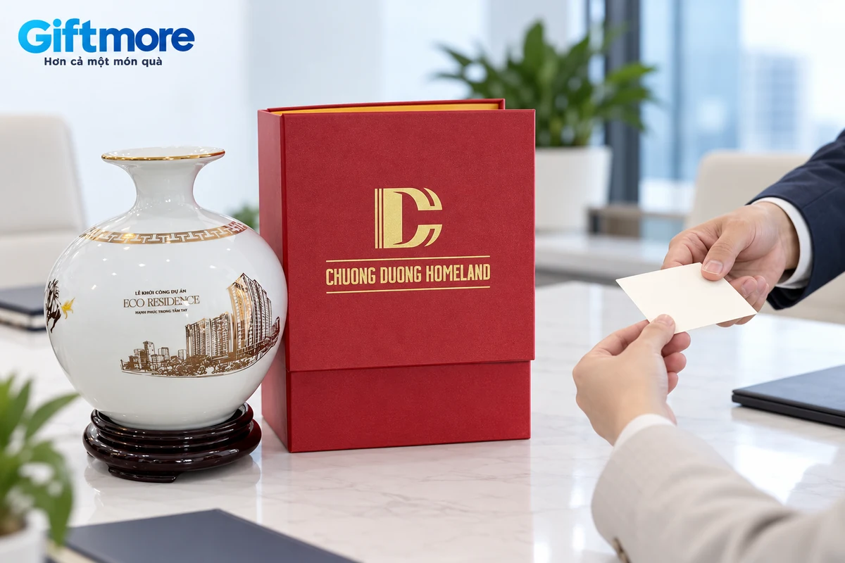 Bình trắng, hộp in nhận diện thật và thiệp trong cảnh trao đổi thông điệp