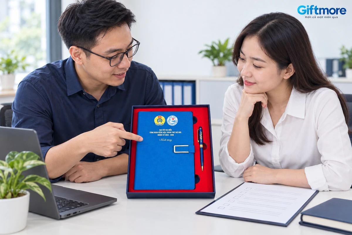 Hai người lớn xem mẫu sổ và giấy ghi yêu cầu tại bàn hành chính