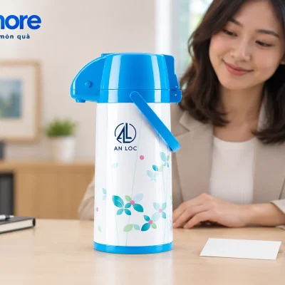 Mô phỏng người nhận xem phích hoa xanh demo AN LOC trên bàn, cạnh thẻ trống và máy tính