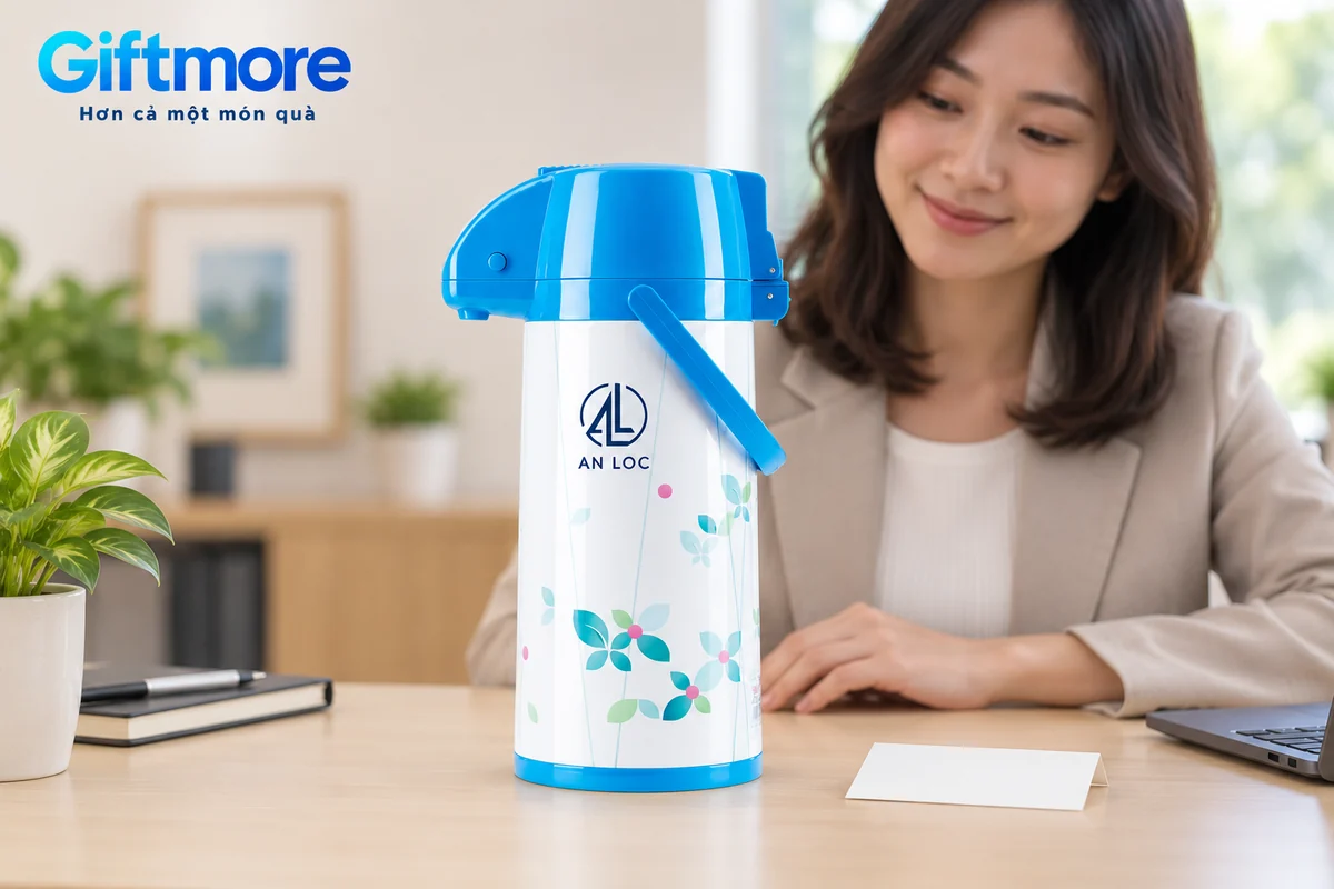 Mô phỏng người nhận xem phích hoa xanh demo AN LOC trên bàn, cạnh thẻ trống và máy tính