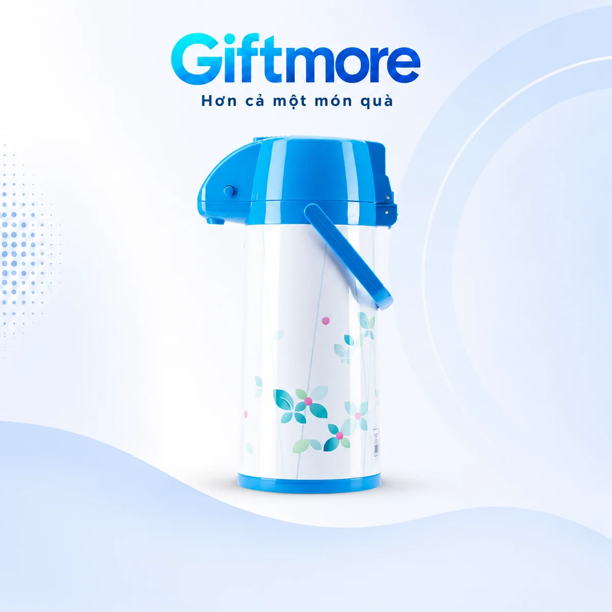 Phích bơm Rạng Đông RD2045TSE 2 lít thân trắng, nắp xanh và hoa lá xanh trên nền GiftMore