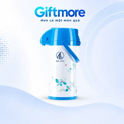 Demo monogram AL và tên AN LOC màu xanh đậm trên khoảng trắng phía trên hoa của phích bơm