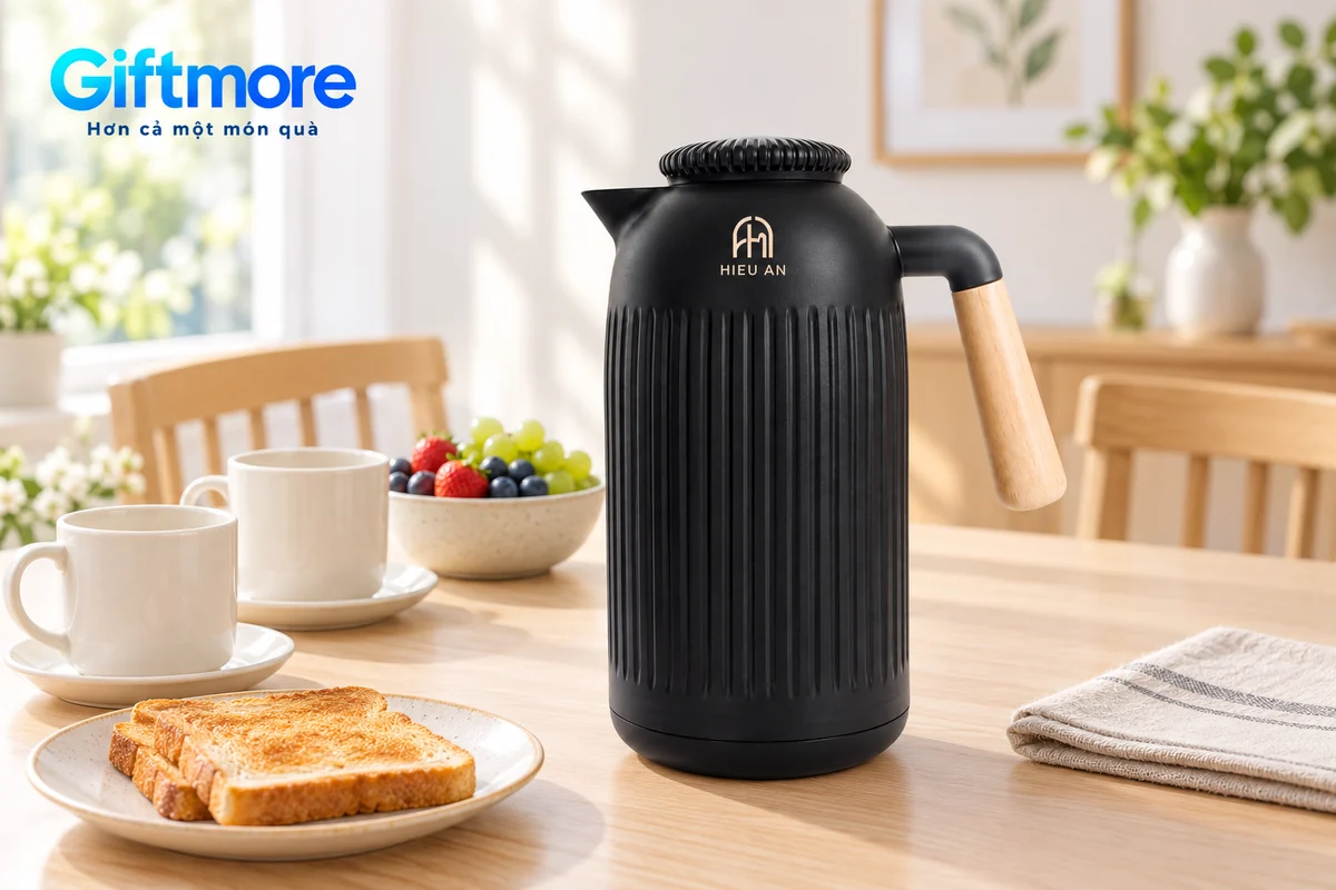 Mô phỏng phích đen demo HIEU AN trên bàn ăn sáng cạnh hai cốc, bánh mì và trái cây