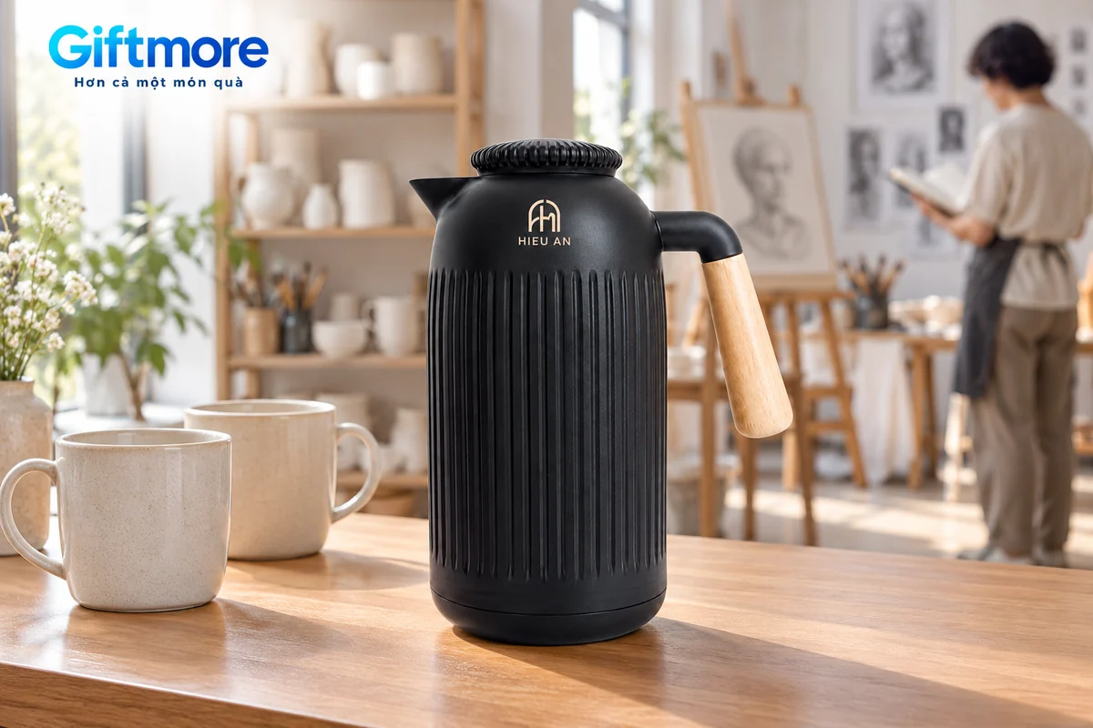 Mô phỏng phích đen demo HIEU AN ở góc nghỉ của lớp sáng tạo, cạnh hai cốc và người ở hậu cảnh