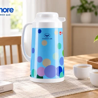 Mô phỏng phích xanh chấm tròn demo THANH AN đặt cạnh hai chén trà trên bàn gia đình