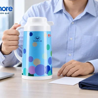 Mô phỏng người giữ quai trắng của phích xanh demo THANH AN trên bàn cạnh túi navy