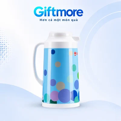 Phích xanh dương họa tiết chấm tròn, nắp vòi và quai trắng trên nền GiftMore