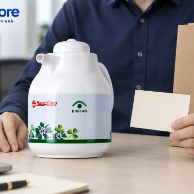 Mô phỏng người xem phích hoa xanh demo BINH AN trên bàn với thẻ trống và túi giấy kraft