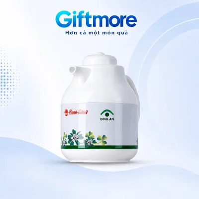 Demo biểu tượng mái vòm và tên BINH AN xanh trầm trên vùng trắng phía trên hoa
