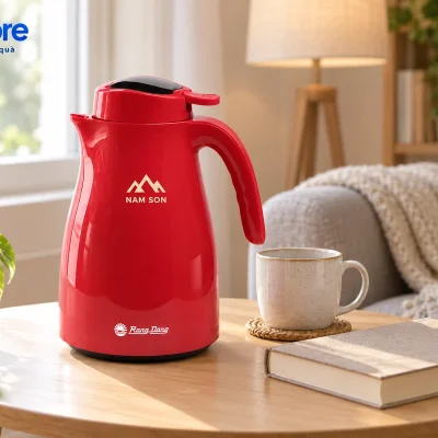 Mô phỏng phích đỏ demo NAM SON trên bàn góc đọc sách bên cửa sổ, cạnh sách và một cốc