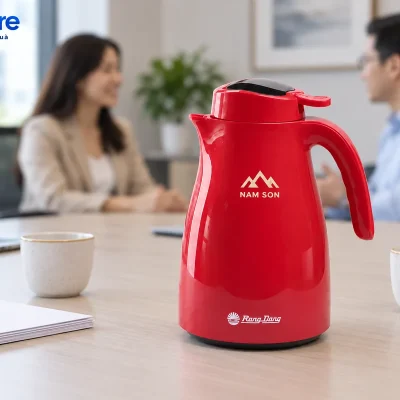 Mô phỏng phích đỏ demo NAM SON trên bàn họp, cạnh hai cốc và tài liệu với người ở hậu cảnh