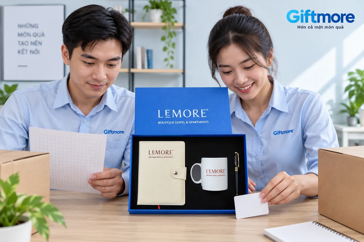 Hai người đối chiếu phiếu trống cạnh bộ sổ ly bút LEMORÉ và hai kiện