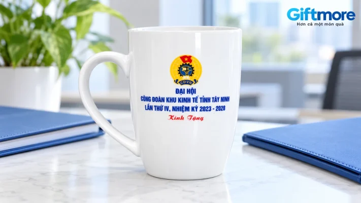 Cốc trắng in nhận diện công đoàn cạnh hai hồ sơ xanh