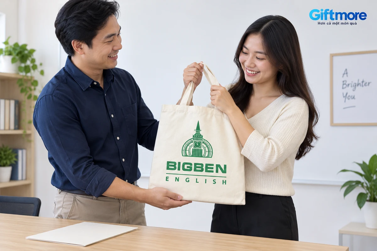Người lớn trao túi kem in BIGBEN ENGLISH cạnh bìa giấy để riêng trên bàn