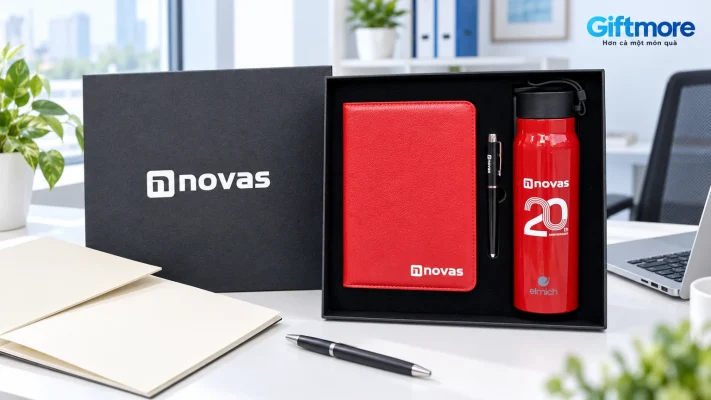 Bộ sổ đỏ, bút đen và bình đỏ in novas cạnh hồ sơ chương trình